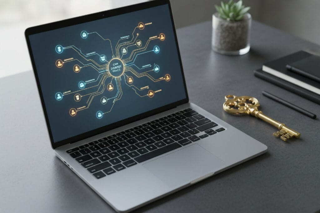 Imagem simbolizando a estratégia de dados primários, com uma chave dourada (dados) ao lado de um laptop que mostra uma jornada de cliente (CRM e tracking).