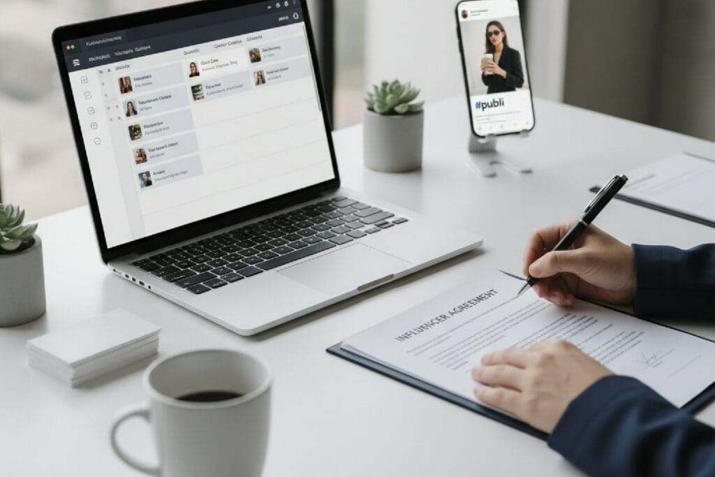 Guia sobre a regulamentação do marketing de influência mostrando um contrato sendo assinado ao lado de um CRM para gestão de influenciadores.