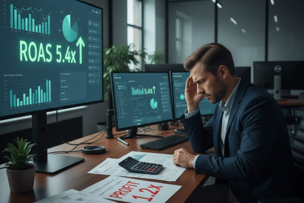 Imagem simbolizando a diferença entre o ROAS da plataforma e o lucro real, com um gestor analisando dados de campanha e o resultado financeiro.