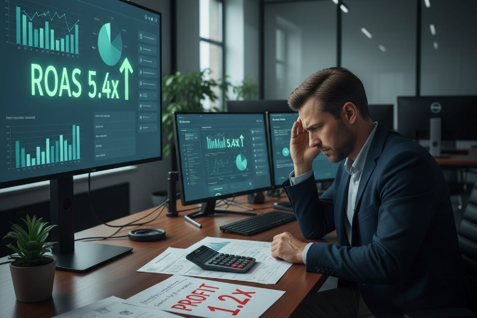 Imagem simbolizando a diferença entre o ROAS da plataforma e o lucro real, com um gestor analisando dados de campanha e o resultado financeiro.