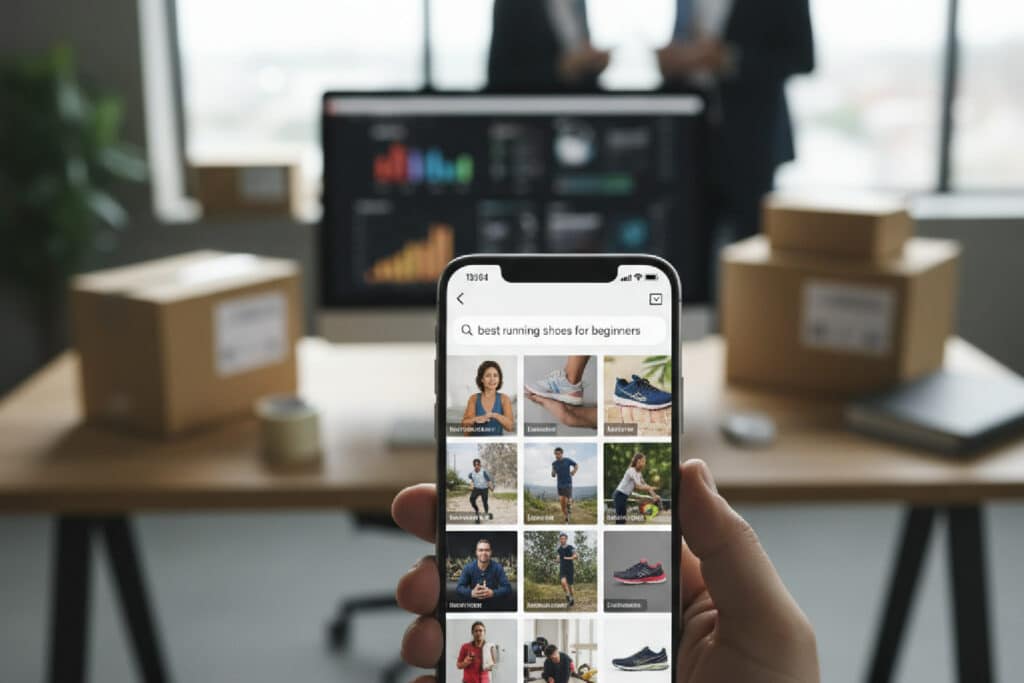 Smartphone exibindo a barra de busca do TikTok com uma pesquisa por produto, ilustrando o conceito de SEO para TikTok para e-commerce.