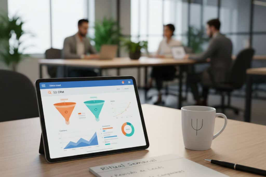 Ritual semanal do gestor de tráfego, com um tablet exibindo um dashboard de CRM e uma lista de tarefas para otimizar campanhas.