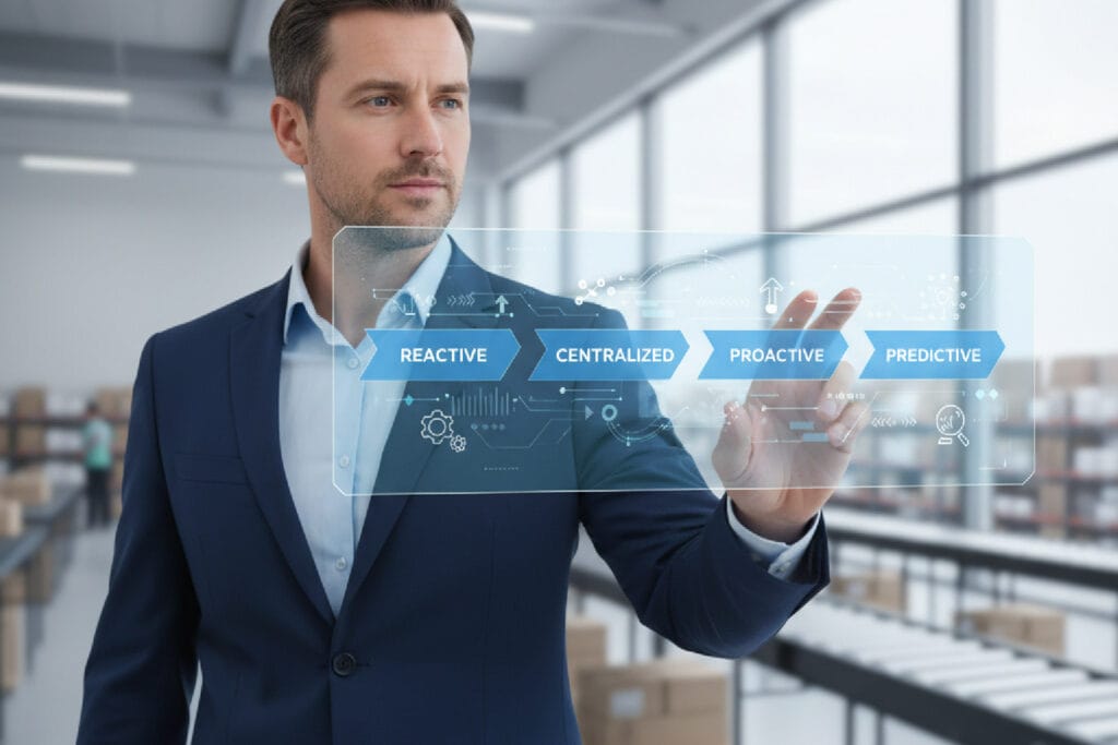 Ilustração do Modelo de Maturidade Omnichannel, com um gestor analisando os quatro estágios de evolução de um e-commerce.