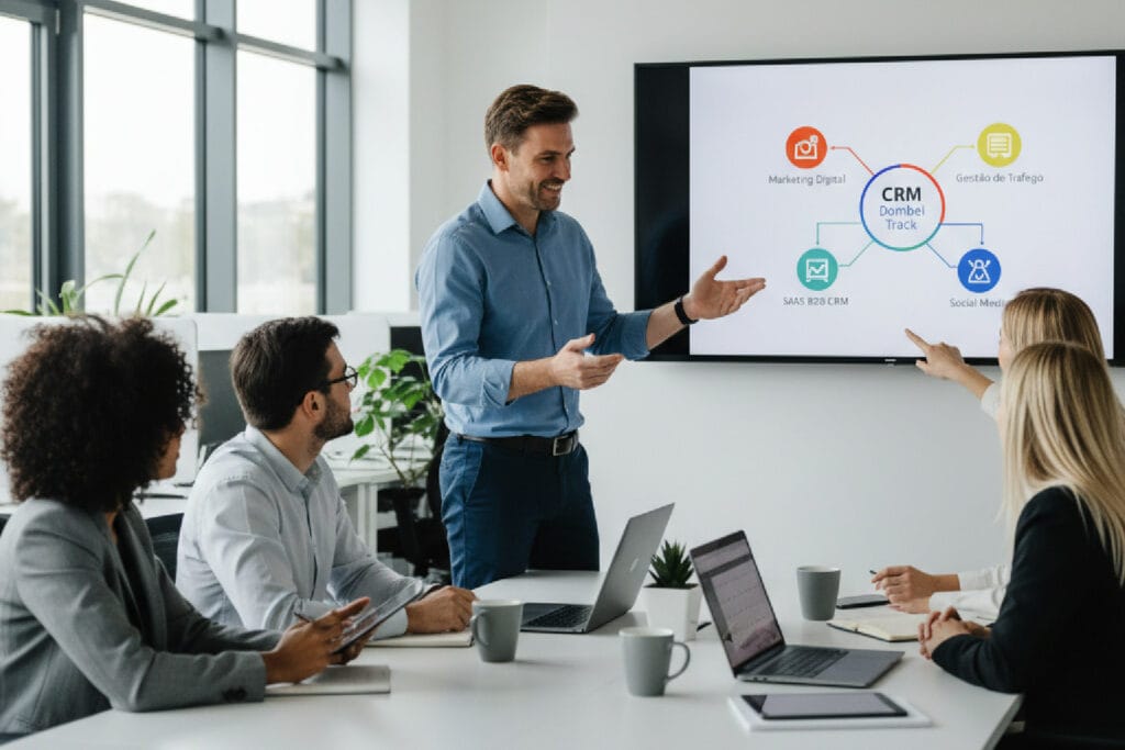 Visão de um gestor de marketing analisando um dashboard que conecta criativos de anúncios gerados por IA com métricas de vendas reais de um CRM.