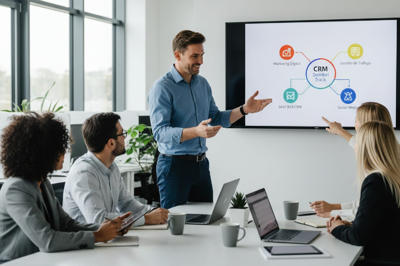 Visão de um gestor de marketing analisando um dashboard que conecta criativos de anúncios gerados por IA com métricas de vendas reais de um CRM.