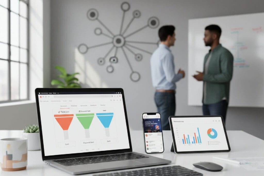 Imagem mostrando um dashboard de CRM em um laptop ao lado de um smartphone com o TikTok aberto, ilustrando como medir o ROI no TikTok.