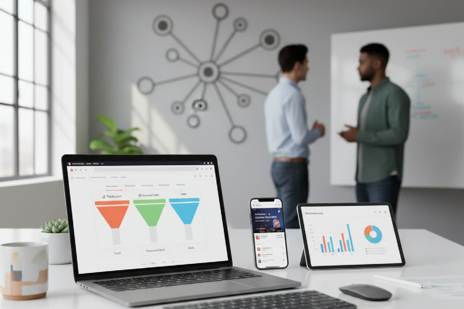 Imagem mostrando um dashboard de CRM em um laptop ao lado de um smartphone com o TikTok aberto, ilustrando como medir o ROI no TikTok.