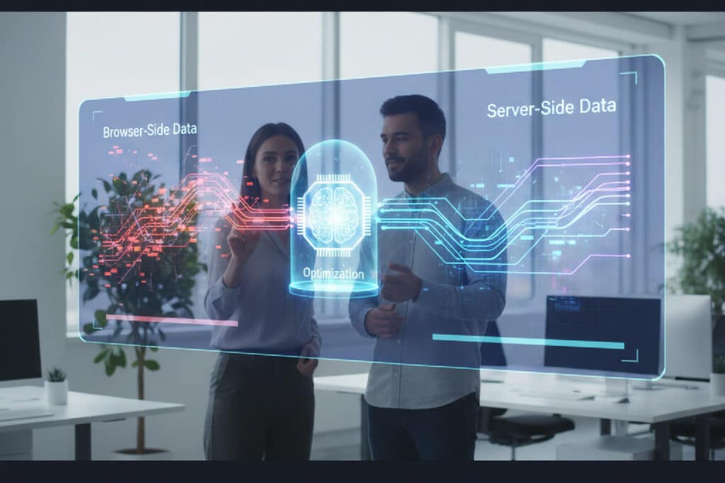 Infográfico comparando dados de navegador, confusos e quebrados, com dados server-side, limpos e diretos, alimentando uma IA para otimizações de campanha Meta Ads.