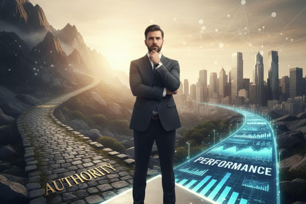 Um gestor de marketing em uma encruzilhada, decidindo entre o caminho do marketing de performance e o do marketing de autoridade.