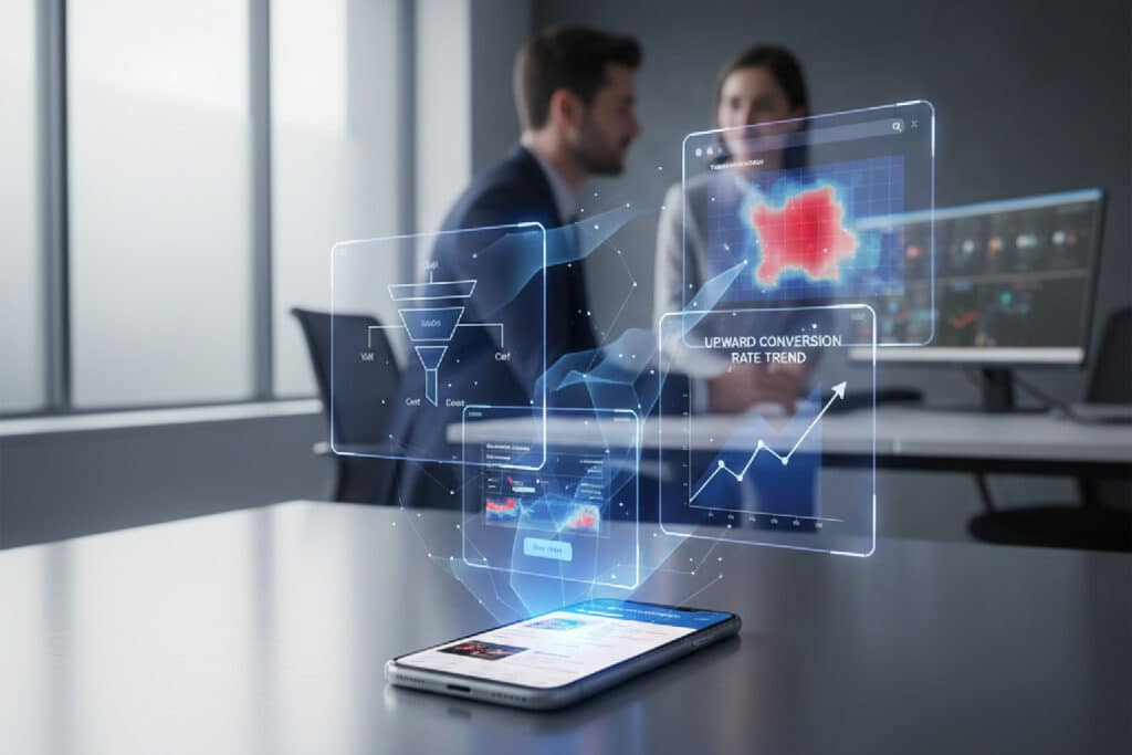 Anatomia de um processo de CRO em um e-commerce, com um celular exibindo uma loja virtual e gráficos de taxa de conversão.
