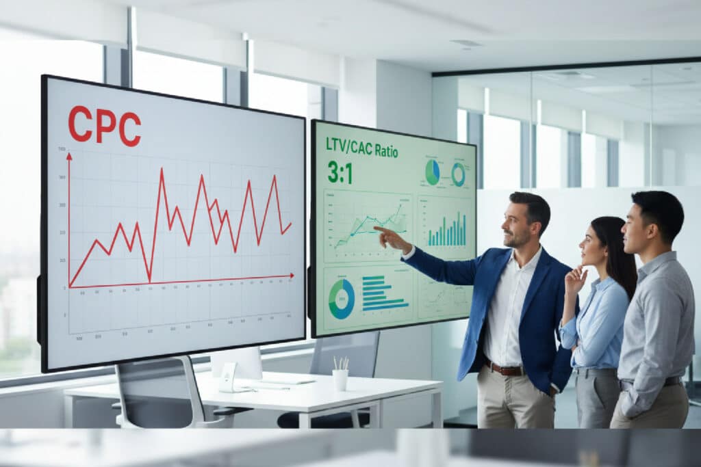 Gestor comparando um dashboard simples de CPC com um de trackeamento avançado focado em LTV, que mostra o ROI real do marketing digital.