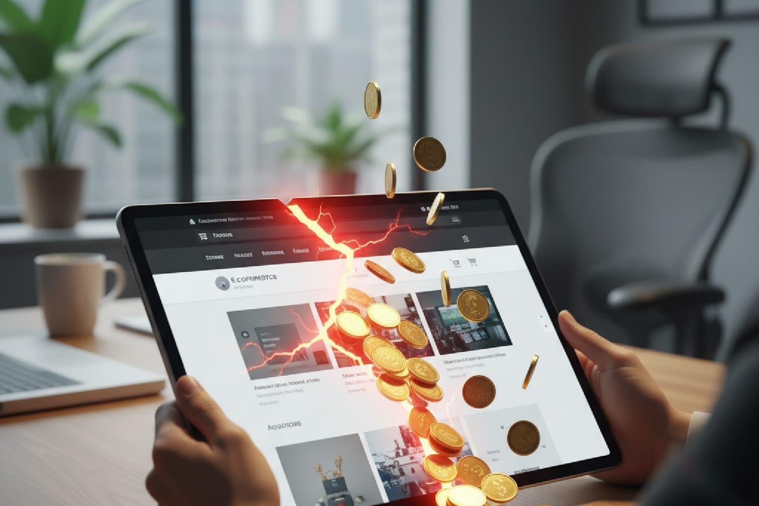 Imagem de um tablet exibindo a interface de uma loja virtual, com uma rachadura na tela de onde moedas de ouro escapam, simbolizando a perda de vendas ocultas.