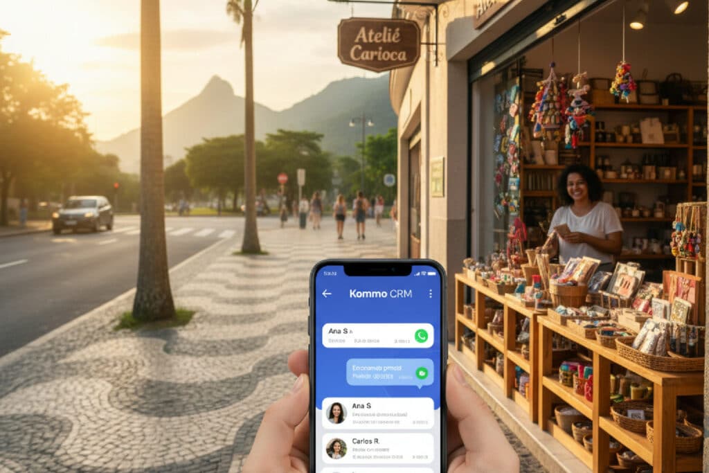 Visão de um smartphone com a interface do Kommo CRM mostrando conversas de clientes em frente a uma loja de rua no Rio de Janeiro, simbolizando o marketing local digital.