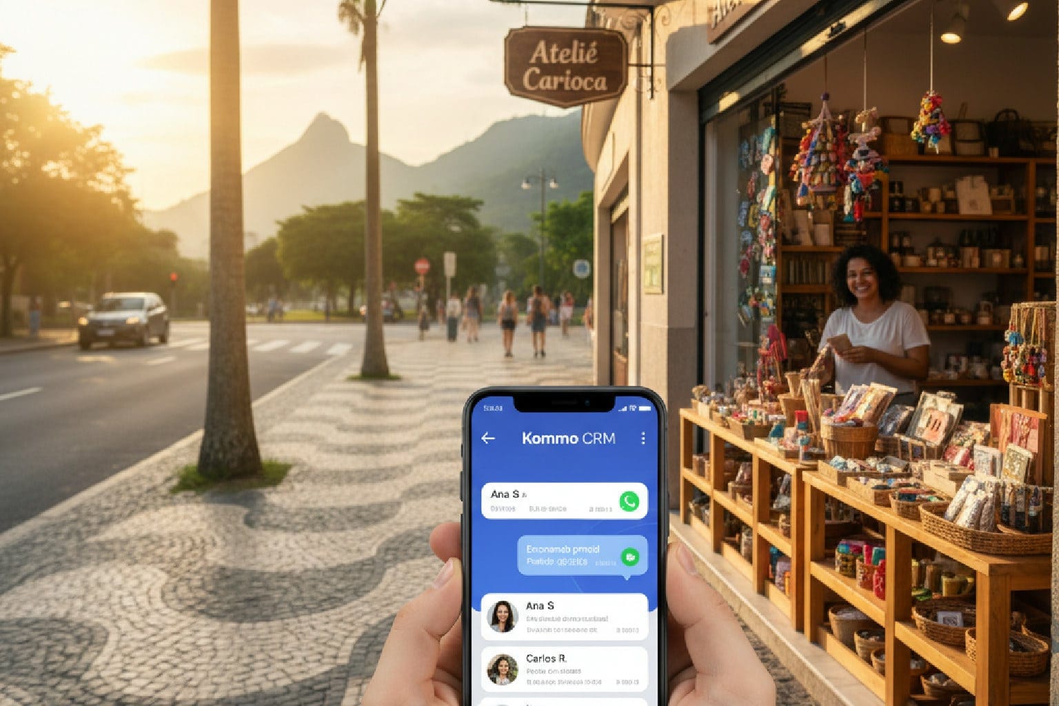 Visão de um smartphone com a interface do Kommo CRM mostrando conversas de clientes em frente a uma loja de rua no Rio de Janeiro, simbolizando o marketing local digital.
