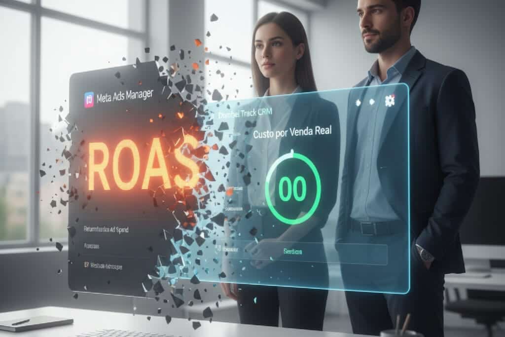 Imagem mostrando um painel de anúncios quebrado revelando um dashboard de CRM com a métrica de custo por venda real