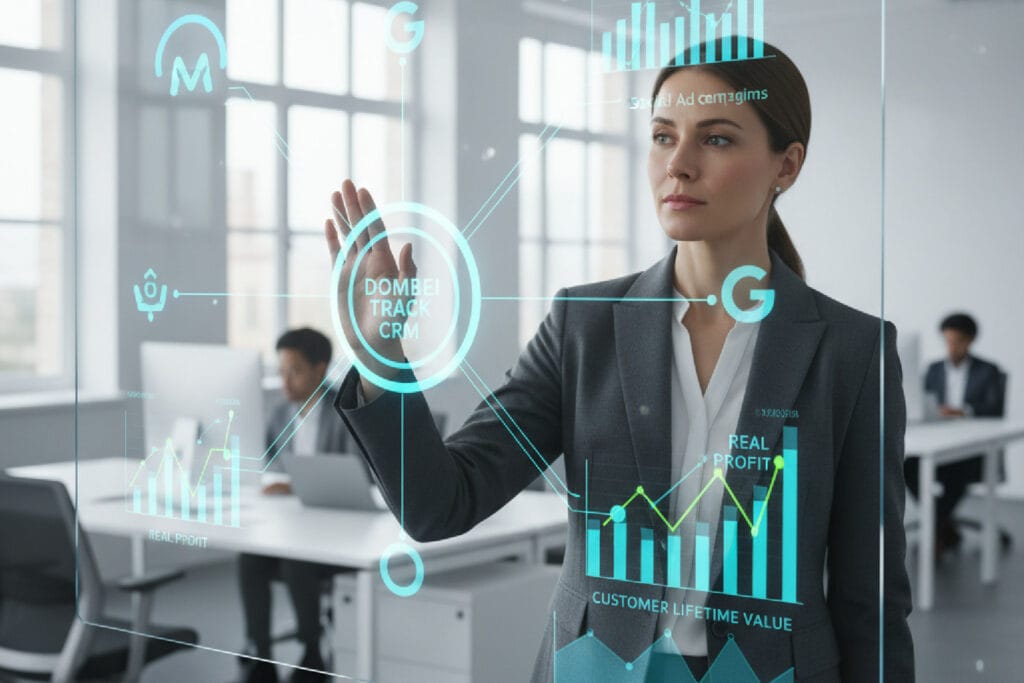 Imagem mostrando um dashboard transparente com a conexão entre ícones de campanhas de marketing, um CRM e gráficos de lucro real, ilustrando como provar o ROI do marketing.