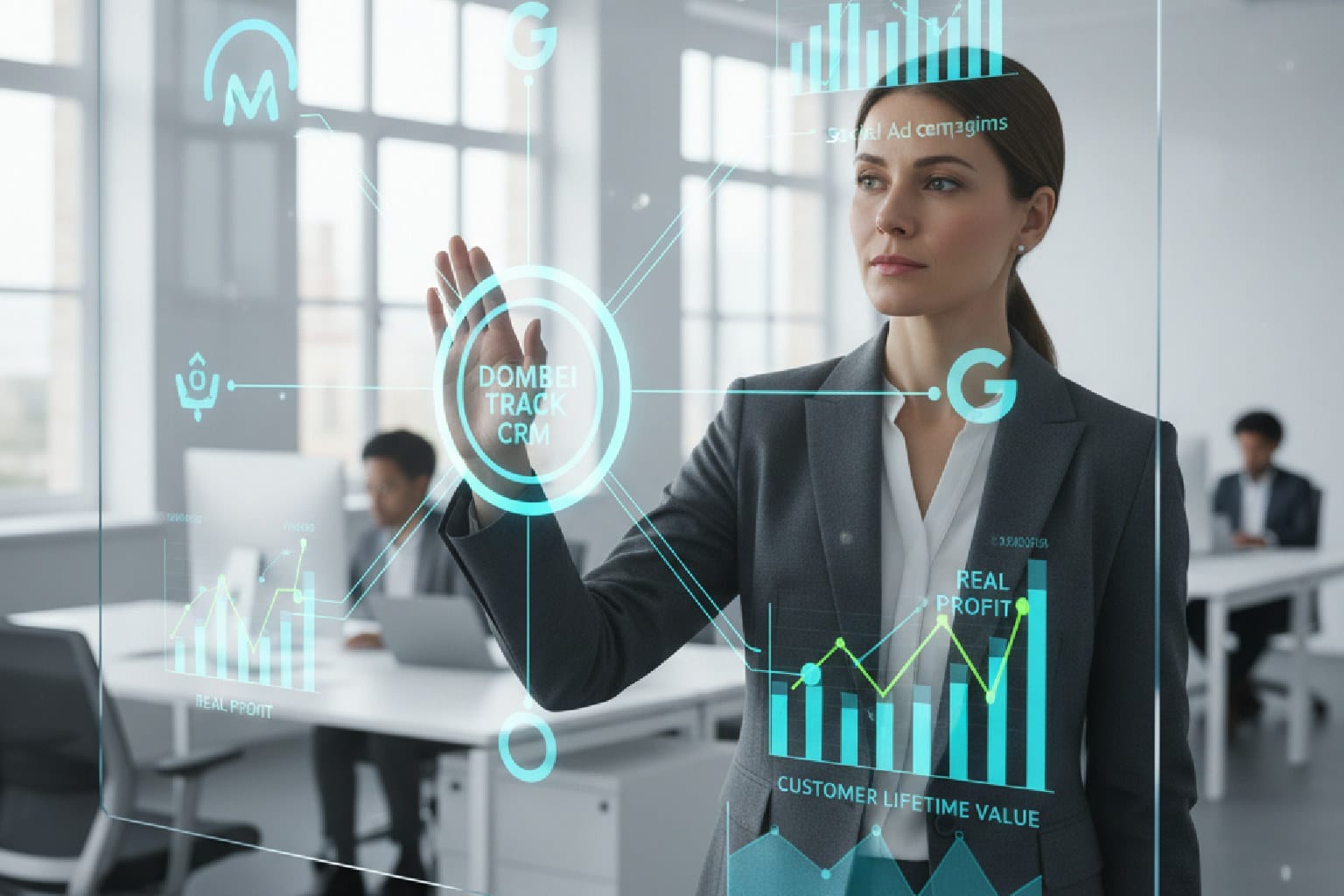 Imagem mostrando um dashboard transparente com a conexão entre ícones de campanhas de marketing, um CRM e gráficos de lucro real, ilustrando como provar o ROI do marketing.