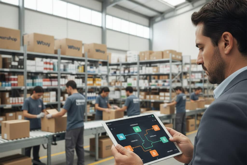 Imagem mostrando um dashboard de CRM com fluxos de automação para e-commerce em um tablet, com um centro de distribuição da Nuvemshop ou Wbuy ao fundo.