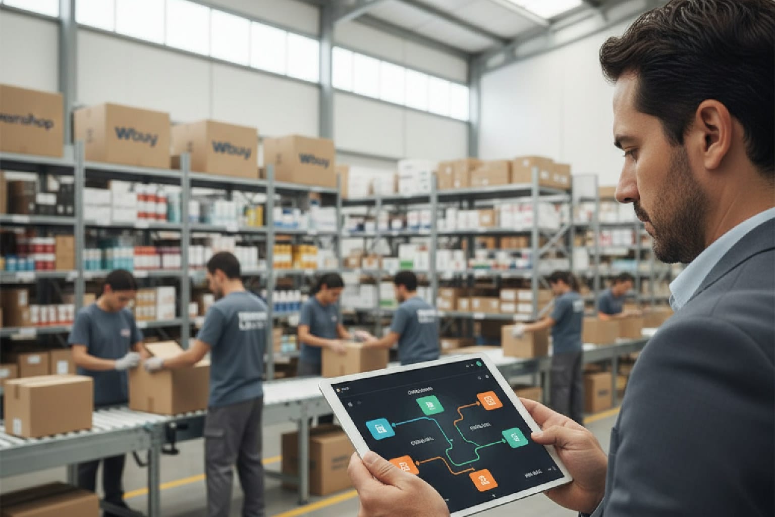 Imagem mostrando um dashboard de CRM com fluxos de automação para e-commerce em um tablet, com um centro de distribuição da Nuvemshop ou Wbuy ao fundo.