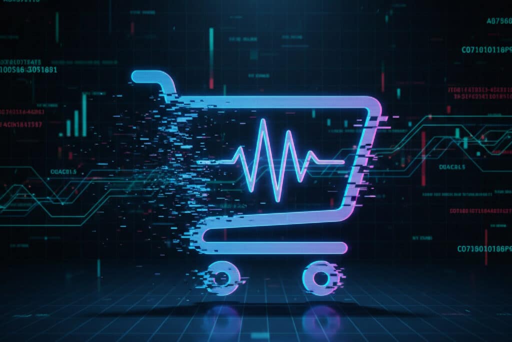 Ícone de um carrinho de compras com uma onda sonora dentro, simbolizando o abandono silencioso no e-commerce.