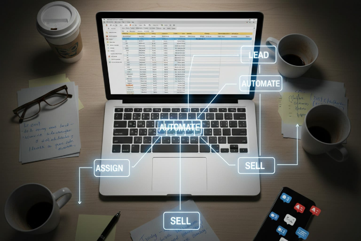 Mesa de empreendedor sobrecarregado com papéis e notificações, contrastando com um fluxograma de processos organizado por cima.