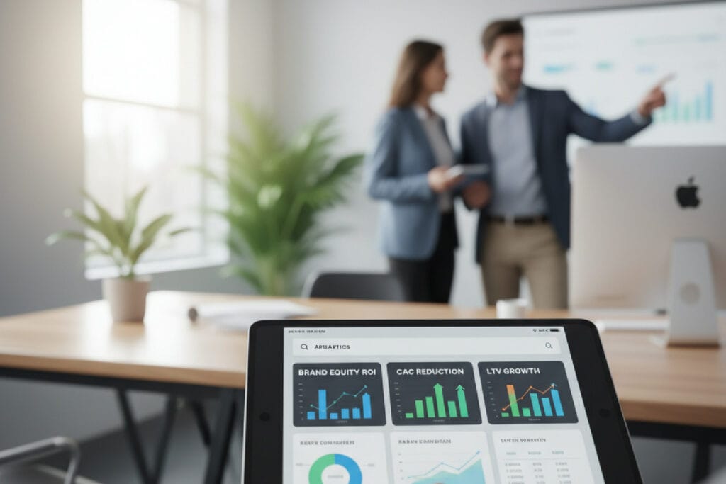 Dashboard em um tablet exibindo a Calculadora de Autoridade com gráficos de ROI do Brand Equity, redução de CAC e crescimento do LTV.