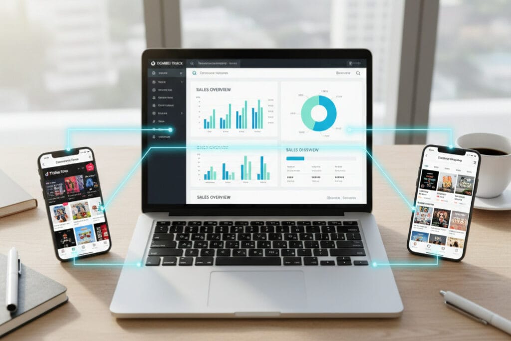 Mesa com um notebook exibindo um painel de CRM no centro, conectado a um celular com o TikTok Shop à esquerda e outro com o Instagram Shopping à direita, simbolizando a decisão de social commerce baseada em dados.