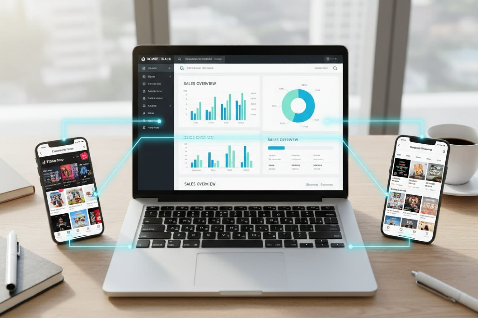 Mesa com um notebook exibindo um painel de CRM no centro, conectado a um celular com o TikTok Shop à esquerda e outro com o Instagram Shopping à direita, simbolizando a decisão de social commerce baseada em dados.